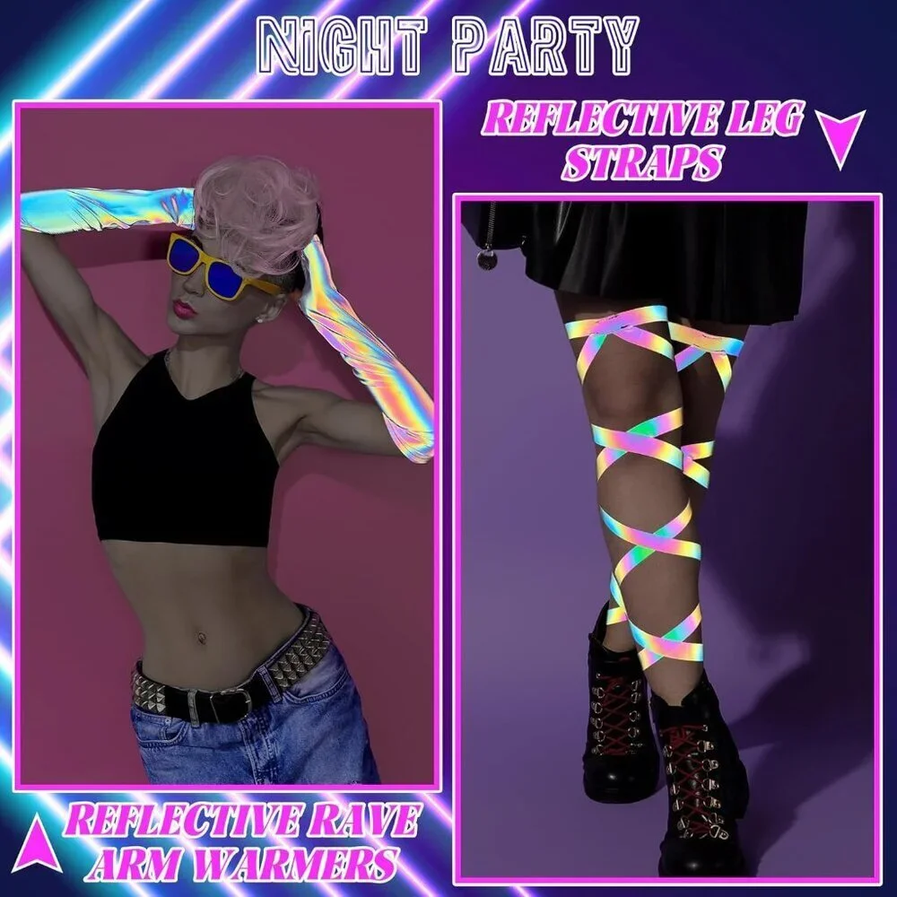 Reflective Rave Arm Warmers and Leg Wraps Set Holographic Light-Reflecting Acces